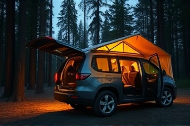 SUV car camping with a connected docking tent extension.
